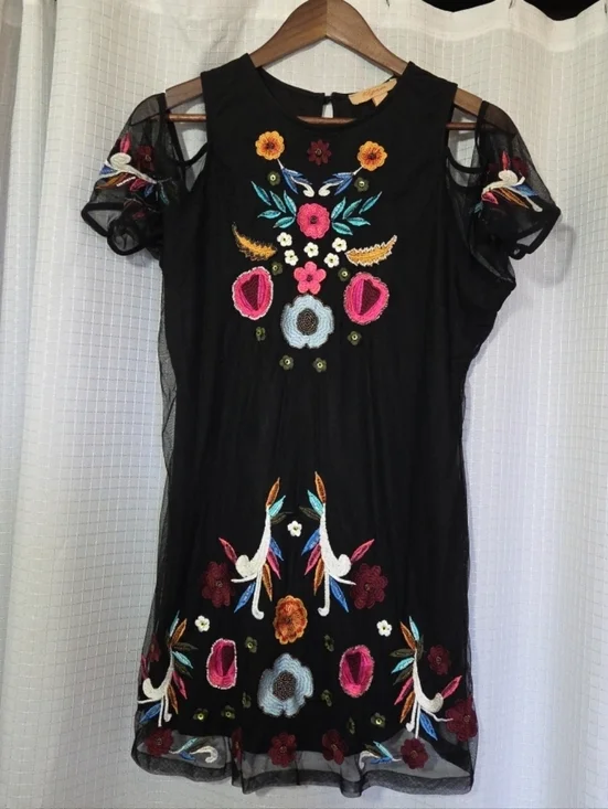 Kyra Tunic Black Cold Shoulder Large Embroidered Floral Tulle Whimsigoth Fairy - Picture 1 of 11